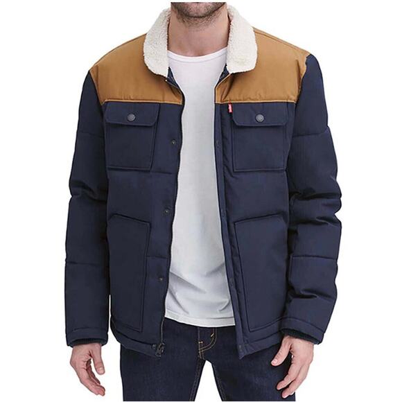 Levi's Puffer Jacket Men's XL Navy Brown Colorblock Fleece Shirttail Woodsman - Picture 2 of 11